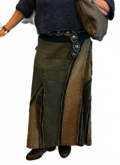 Young Threads Patched Denim Midi Skirt In Olive In Green