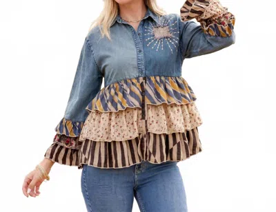 Young Threads Vintage Boho Denim Yoke Patchwork Tiered Tunic Top In Sand In Neutral