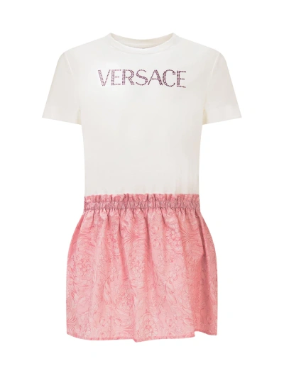 Young Versace Kids' Barocco Dress In Bianco-rosa