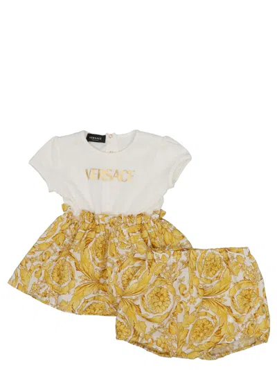 Young Versace Babies' Barocco Dress + Coulotte In White/gold