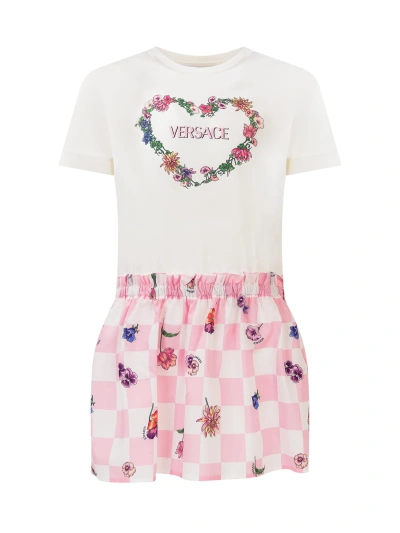 Young Versace Kids' Blossom Dress In Bianco-rosa-rosa Baby