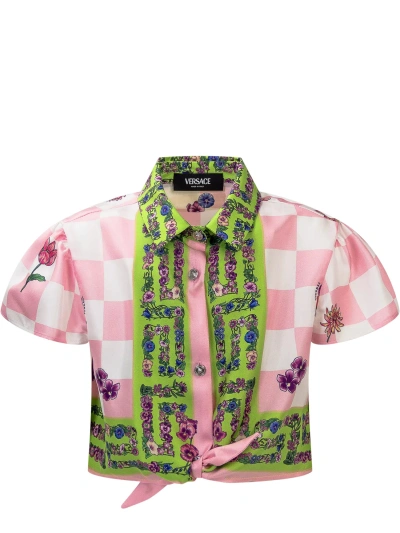 Young Versace Kids' Blossom Shirt In Bianco-tutu Pink-apple