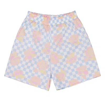 Young Versace Kids' Girls Checkboard Rose Poplin Shorts In Blue