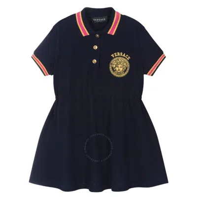 Young Versace Kids'  Girls Medusa Logo Embroidered Polo Dress In Blue