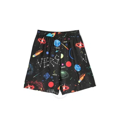 Young Versace Kids All Over Galaxy Print Silk Shorts In Black