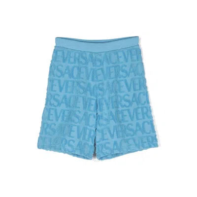 Young Versace Kids All Over Print Jacquard Logo Shorts In Blue