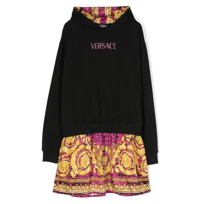 Young Versace Kids Hooded Barocco Print Dress In Black
