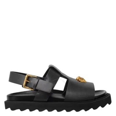Young Versace Kids Medusa-plaque Leather Sandals In Black