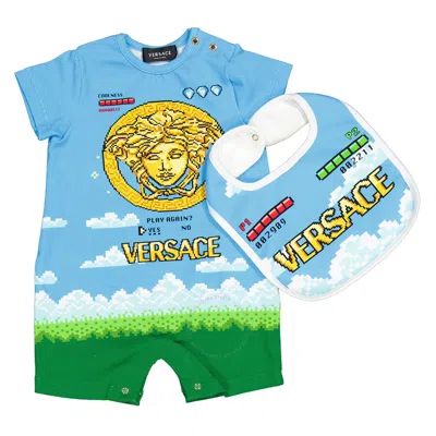Young Versace Kids Pixelated Medusa Cotton Graphic Bodysuit In Blue