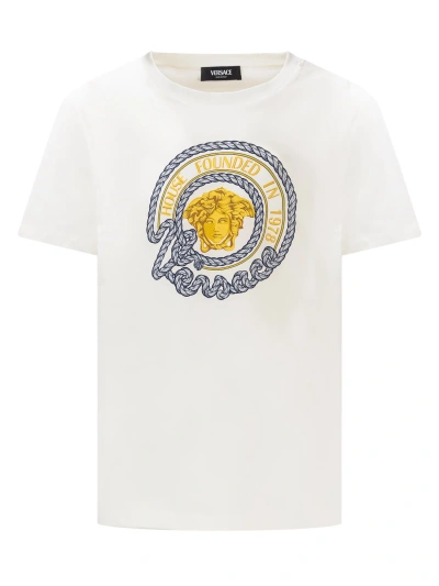 Young Versace Kids' T-shirt With Logo In Bianco-multicolor