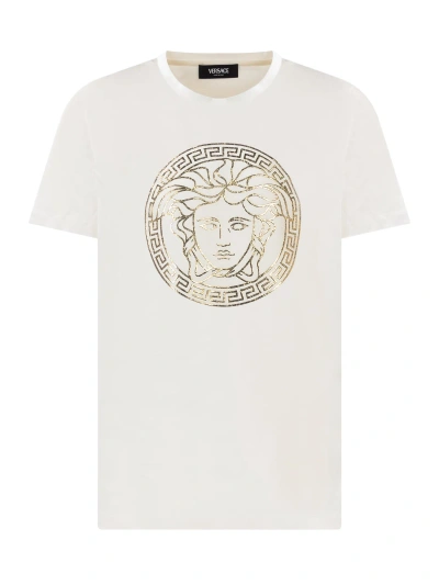 Young Versace Kids' T-shirt With Logo In Bianco-oro