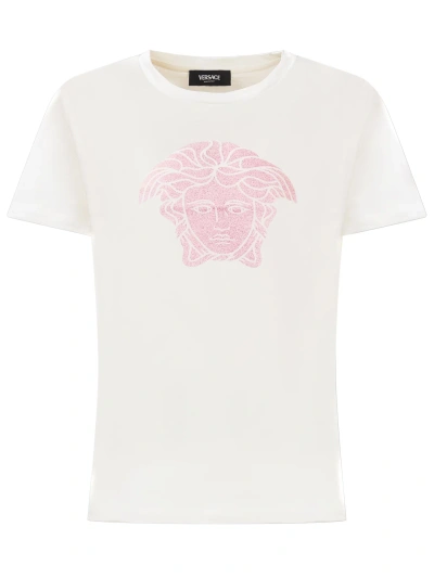 Young Versace Kids' T-shirt With Logo In Bianco-tutu Pink