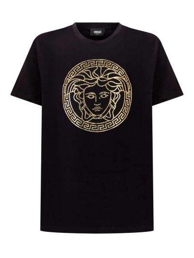 Young Versace Kids' T-shirt With Logo In Black-gold