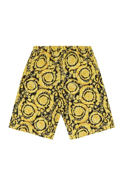 Young Versace Young Baroque Print Cotton Shorts For Boys In Yellow