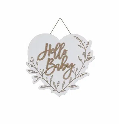 Young's Inc Hello Baby Wood Heart Wall Sign In White