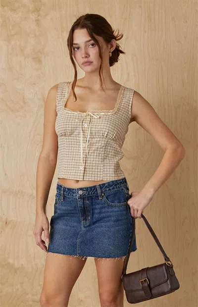 Your Favorite Women's Plaid Button Up Lace Trim Top In Neutral