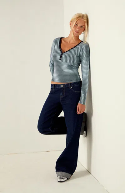 Your Favorite Women's Poppy Striped V-neck Button Up Long Sleeve Top In Blue