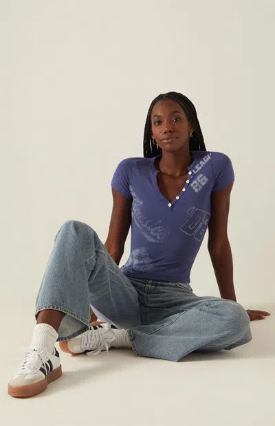 Your Favorite Women's Varsity Print Short Sleeve Henley Top In Blue