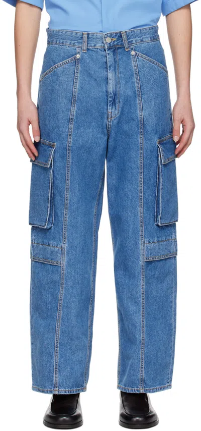 Youth Blue Wide-leg Denim Cargo Trousers In Medium Blue