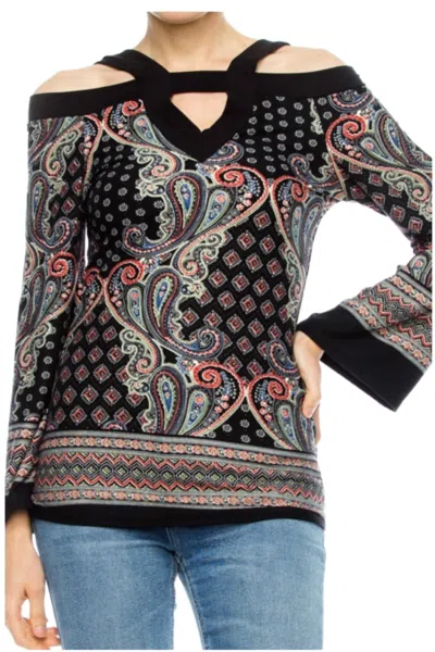 Yoyo 5 Women's Paisley Cold Shoulder Long Sleeve Top In Black