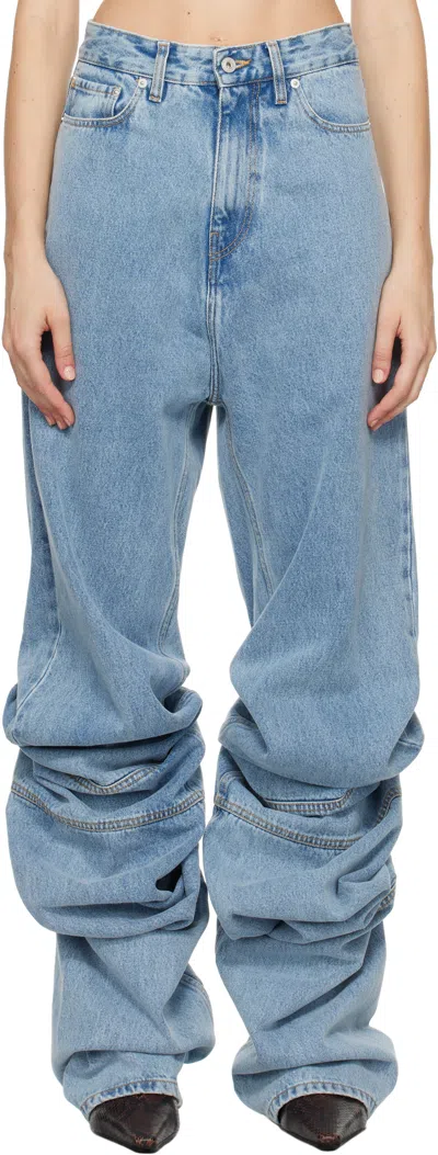 Y/project Blue Draped Cuff Jeans In Evergreen Ice Blue