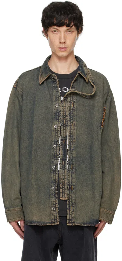 Y/project Gray Hook & Eye Long Sleeve Denim Shirt In Dusty Beige