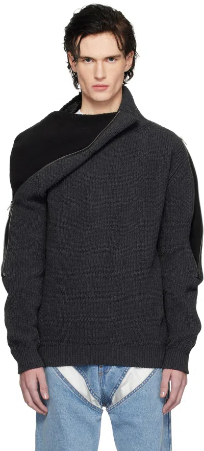 Y/project Gray Zip Insert High Neck Sweater In Dark Grey