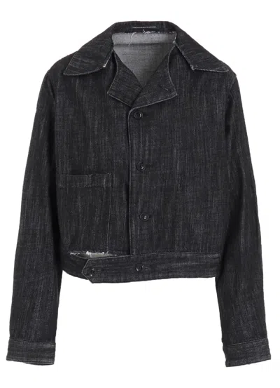 Y's 8oz Denim Slit Collar Short Blouse In Black