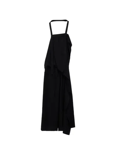 Y's Asymmetric Draped Midi Dress In Black