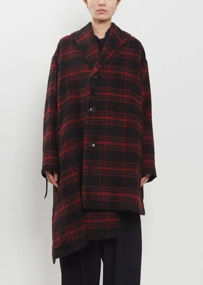 Y's Asymmetric Half Shaggy Plaid Coat In Red