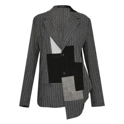 Y's Asymmetric Patchwork Blazer In Gray