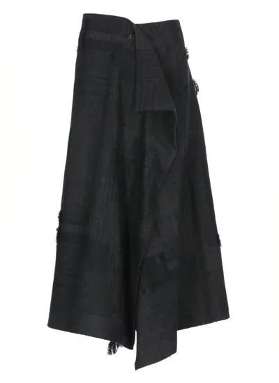 Y'S ASYMMETRICAL DARK GREY MIDI SKIRT WITH FRINGED DETAILS