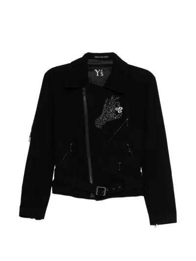 Y's Bead-embellished Belted Jacket In Black
