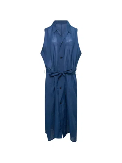 Y's Belted Sleeveless Shirt Dress In Blue
