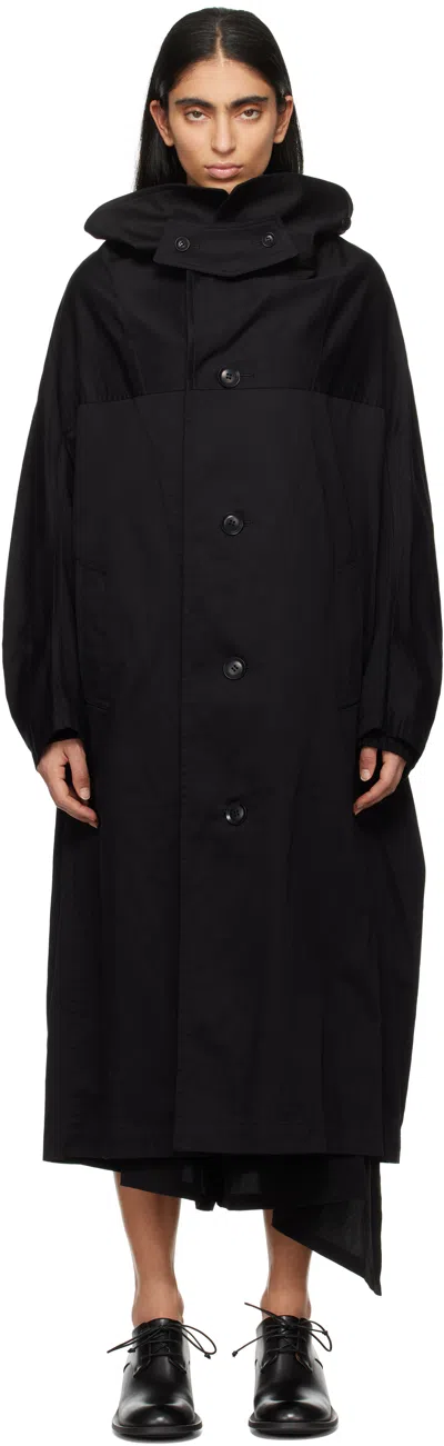 Y's Black Cotton Twill Long Cape Coat In 3 Black