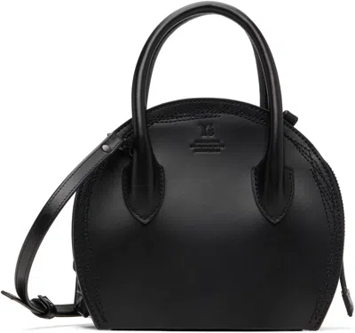 Y's Black Semi-gloss Leather Chopped Round Bag In 1 Black