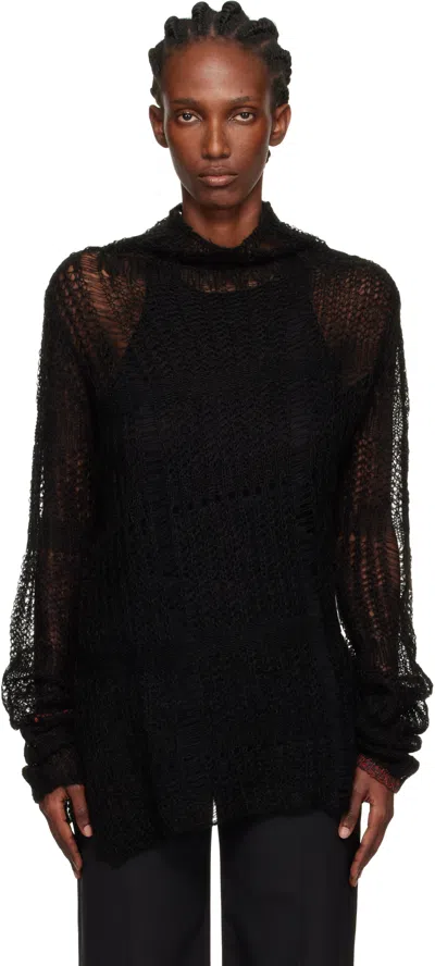 Y's Black Sheer Asymmetry Long Knit Sweater