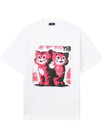Y's Cat-print Cotton T-shirt In White