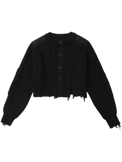 Y's Crew-neck Distressed Cardigan In 黑色
