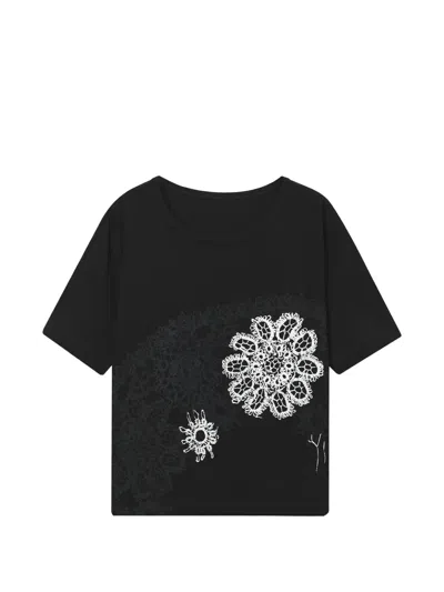 Y's Crochet-flower T-shirt In Black