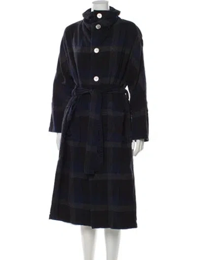 Pre-owned Y's For Living Plaid Print Trench Coat In Blue