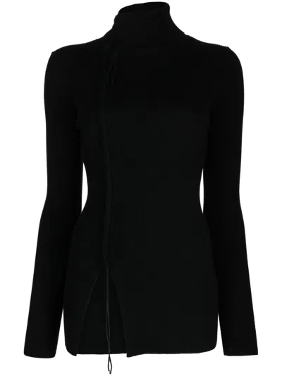 Y's Front-slit Wool Knitted Top In Black