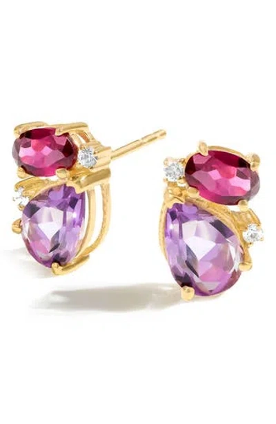 Ys Gems Amethyst, Rhodolite & White Topaz Stud Earrings In Purple