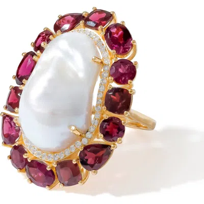 Ys Gems Cultured Pearl & London Blue Topaz Ring In Blue/white