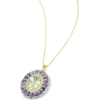 Ys Gems Green Quartz & Semiprecious Stone Halo Pendant Necklace In Green/ Purple/ Gold