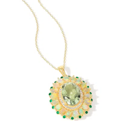 Ys Gems Green Quartz & Semiprecious Stone Halo Pendant Necklace In Multi