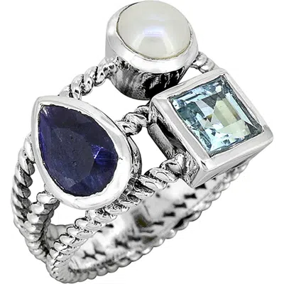 Ys Gems Stone & Freshwater Pearl Stacked Ring In Blue/white