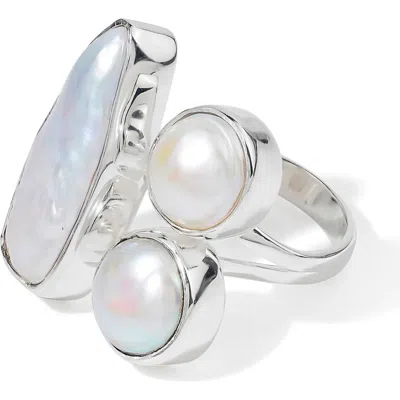 Ys Gems Triple Cultured Freshwater Pearl Statement Ring In White