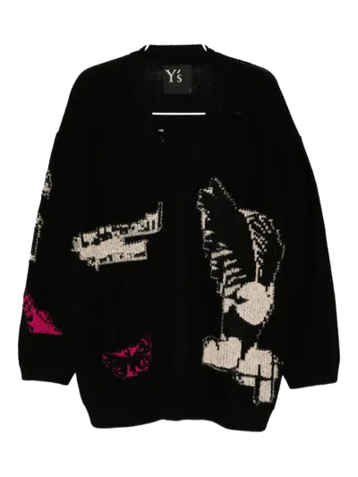 Y's Graphic-embroidered Reversible Cardigan In Black