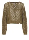 Y's Khaki Openwork Design Henry Wide Sleeve Sweater